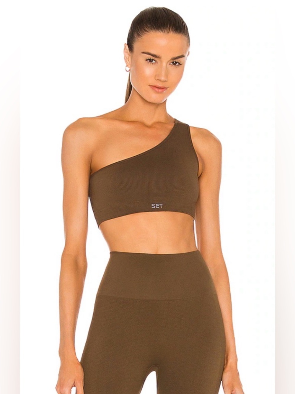 SET Active Womens Taupe Brown Ribbed One Shoulder SCULPTFLEX Sports bra Size S